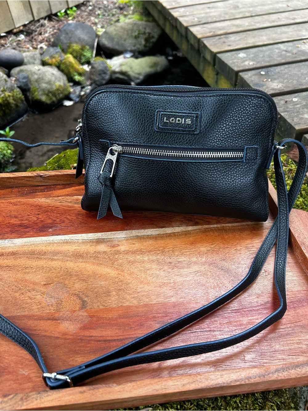 Lodis Charlotte Black Pebbled Leather Crossbody with Front Zip